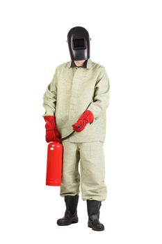 Welder in mask with fire extinguisher. Isolated on a white background.