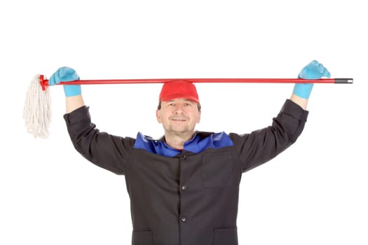 Man holds broom in hands. Isolated on a white background.