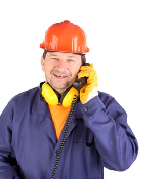 Working man talking on phone. Isolated on a white backgropund.