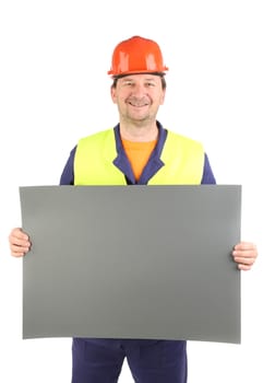 Worker in hard hat with paper. Isolated on a white backgropund.