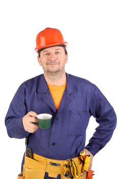 Working man with cup of coffee. Isolated on a white backgropund.