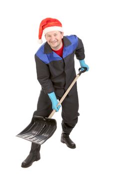 Worker in santa hat with shovel. Isolated on a white backgropund.