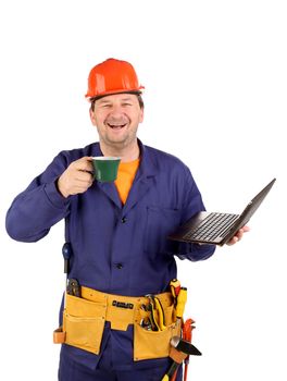Worker with cup of coffee and laptop. Isolated on a white backgropund.