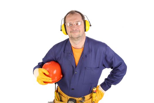 Worker in ear muffs and glasses. Isolated on a white backgropund.