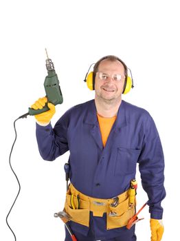 Worker in ear muffs and glasses with drill. Isolated on a white backgropund.