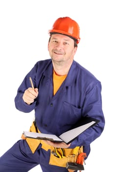 Worker in hard hat with pen. Isolated on a white backgropund.