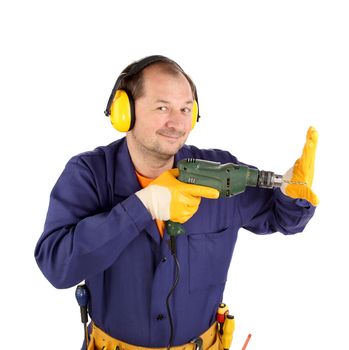 Man in workwear and headphones with a drill. Isolated on a white background