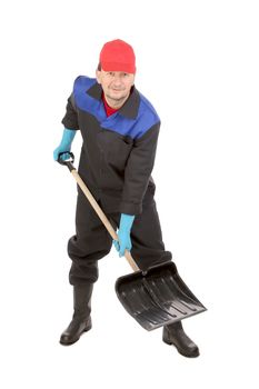 Worker holding black shovel. Isolated on a white backgropund.