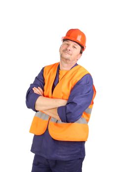 Man in workwear and hard hat. Portrait isolated on a white background