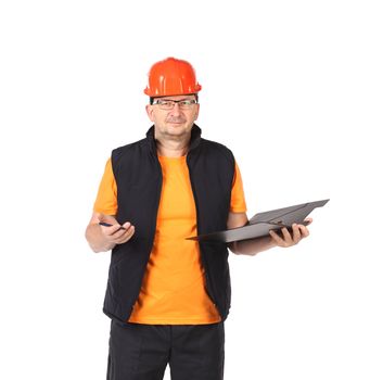 Man in workwear and hard hat with a folder. Isolated on a white background