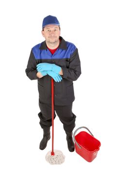 Man in workwear with bucket and mop. Isolated on a white background