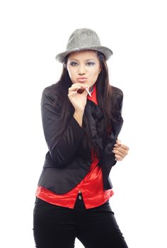 Young lady in the stylish retro costume smoking on a white background
