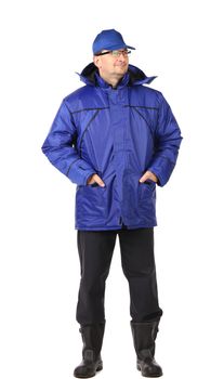 Man in blue winter workwear. Portrait on a white background