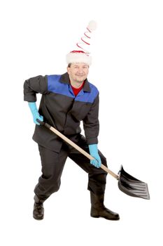 Man in workwear with shovel. Comic. Isolated on a white background