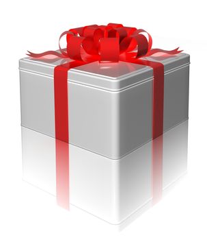 gift tin box with a red ribbon on a white background. 3d render