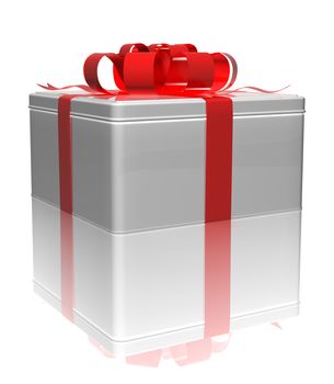 gift tin box with a red ribbon on a white background. 3d render