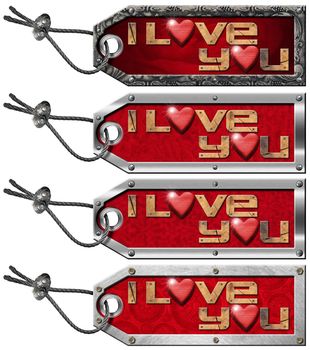 Four metallic tags with written I Love You and red hearts, steel cable and metal rivets
