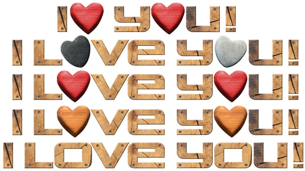 Set of I Love You! written with typefaces in wood with stone and wooden hearts