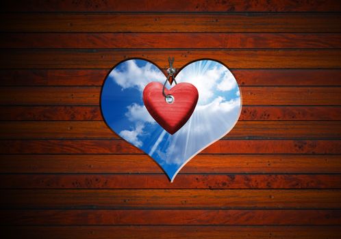 Brown wooden wall with a hole in the shape of heart with blue sky and red heart