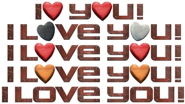 Set of I Love You! written with typefaces in metal with stone and wooden hearts