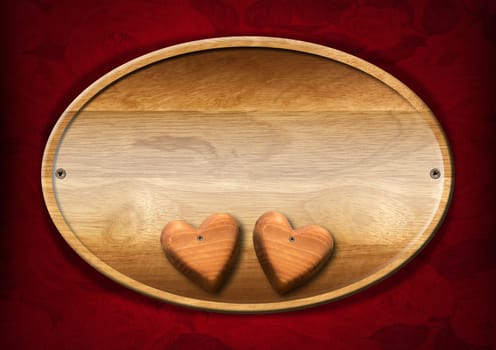 Wooden plate with two wooden hearts on red velvet background with roses flowers
