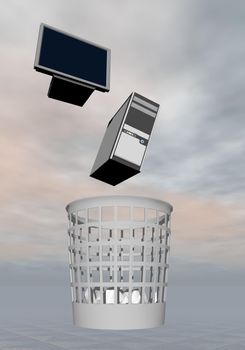 Throwing screen and tower computer to the rubbish in grey background