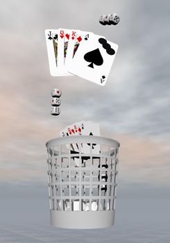 Throwing playing cards and dice into the rubbish when deciding to quit gambling in grey background