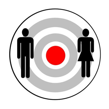 Black silhouettes of male and female on target in white background