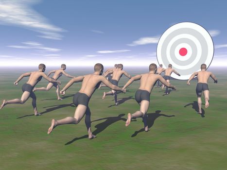 Several men running to a target by daylight