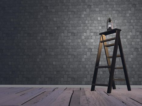 One lantern upon ladder on old wooden parquet giving light to the room with grey stone brick wall