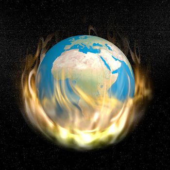 Earth burning into the flames in dark universe with stars
