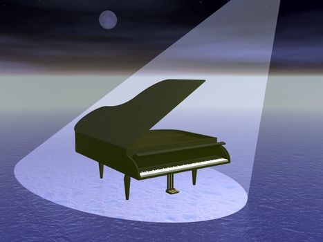 Black grand piano under spot light by full moon night