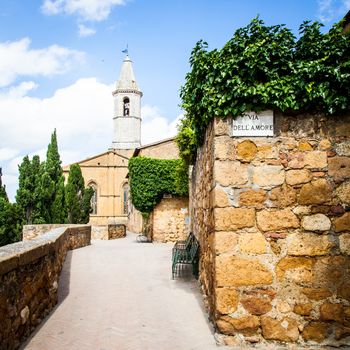 Italy - Pienza town. The streetsign of Via dell'amore (Love Street)