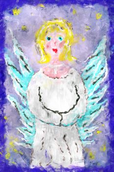 Water Color illustration of a holy angel with blue border