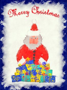 Water color picture of Santa Claus on Christmas in red coat with Christmas presents and blue border