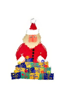 Water color picture of Santa Claus in red coat with Christmas presents and white background