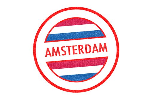 Passport-style AMSTERDAM rubber stamp over a white background.