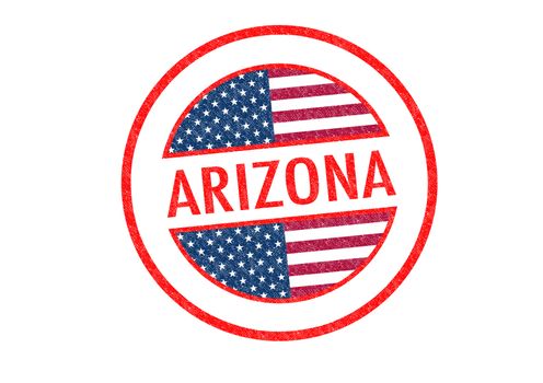 Passport-style ARIZONA rubber stamp over a white background.