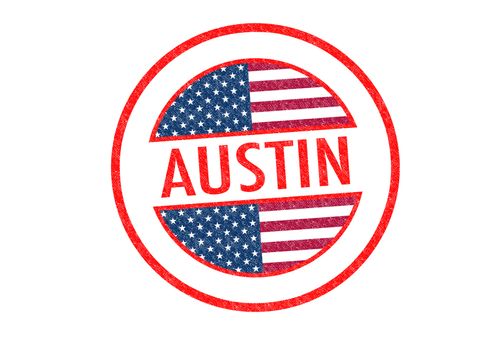 Passport-style AUSTIN rubber stamp over a white background.