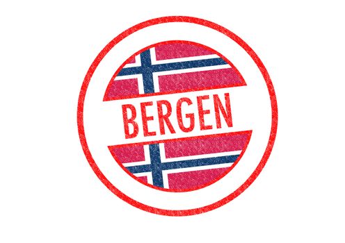 Passport-style BERGEN rubber stamp over a white background.