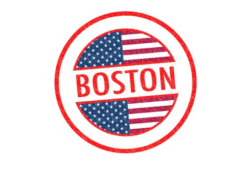 Passport-style BOSTON rubber stamp over a white background.