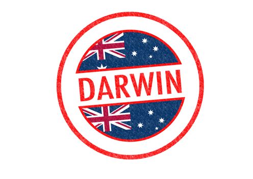 Passport-style DARWIN rubber stamp over a white background.