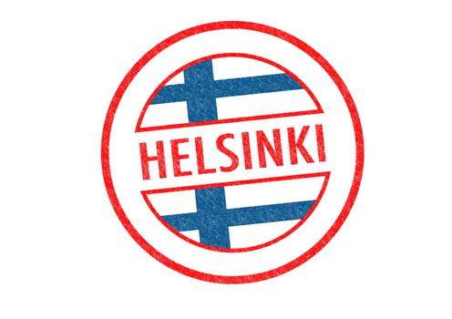 Passport-style HELSINKI rubber stamp over a white background.