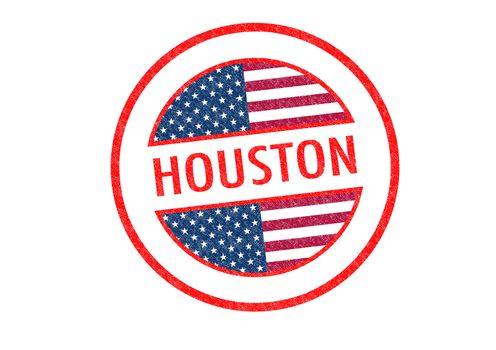 Passport-style HOUSTON rubber stamp over a white background.