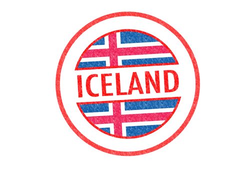 Passport-style ICELAND rubber stamp over a white background.