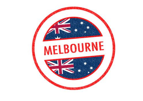 Passport-style MELBOURNE rubber stamp over a white background.