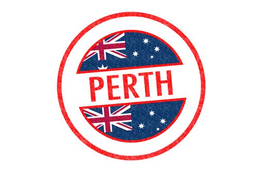 Passport-style PERTH rubber stamp over a white background.