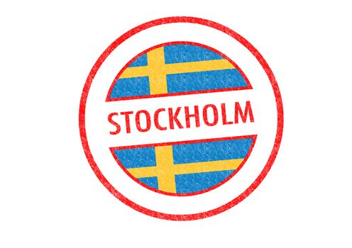 Passport-style STOCKHOLM rubber stamp over a white background.
