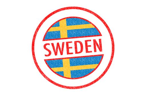Passport-style SWEDEN rubber stamp over a white background.
