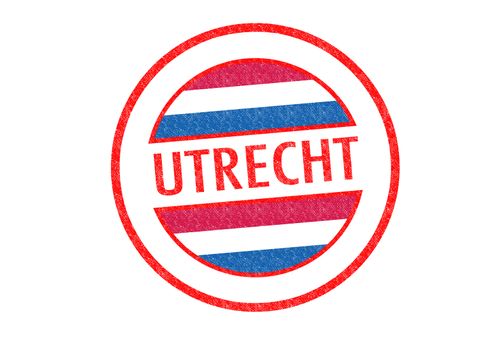 Passport-style UTRECHT rubber stamp over a white background.